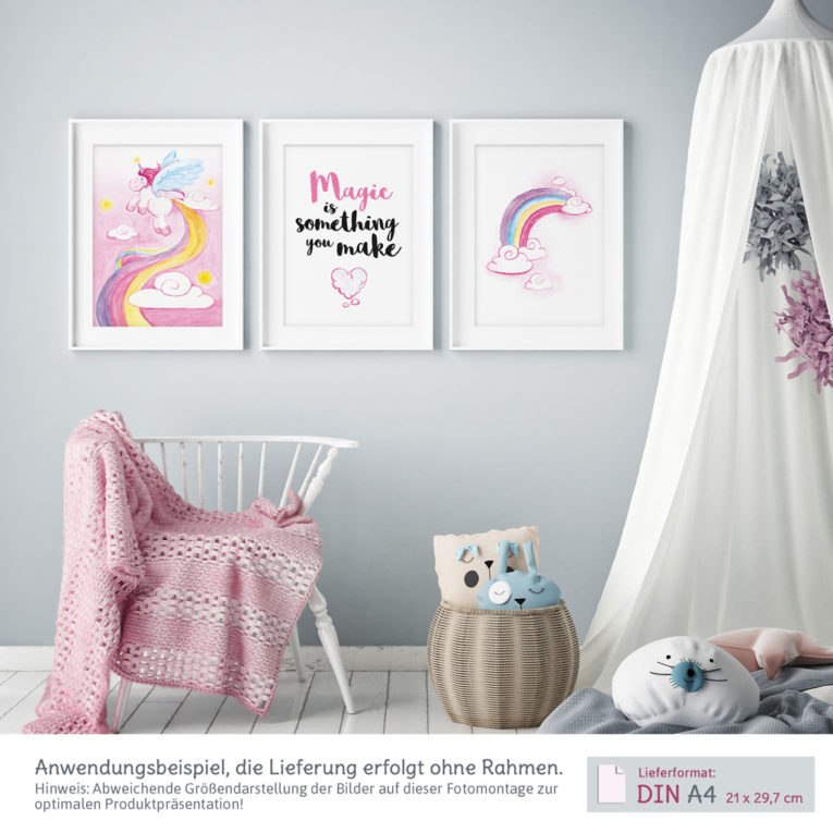 Bilder Kinderzimmer Mädchen: Aquarell Einhorn Poster 3er-Set | kullaloo