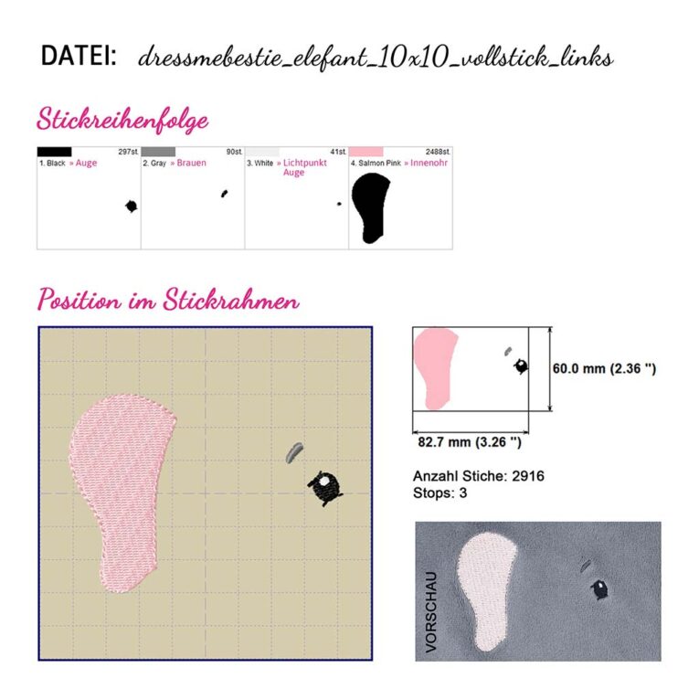 Stickdatei Elefant EDDY (Gesichtselemente)