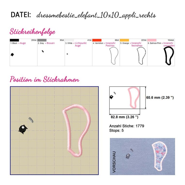 Stickdatei Elefant EDDY (Gesichtselemente)